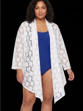 Women’s White Lace Crochet Open-Front Women's Cardigan Cover Up Jacket Size 1X